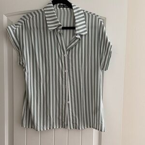 SHEIN Green and White Striped Short Sleeve Shirt
